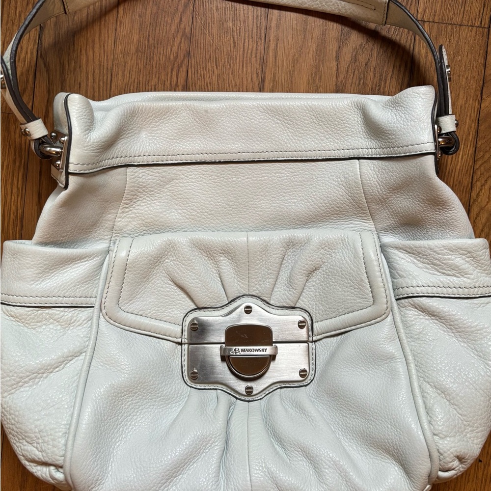 B Makowsky Cream Shoulder Bag with Silver Accents